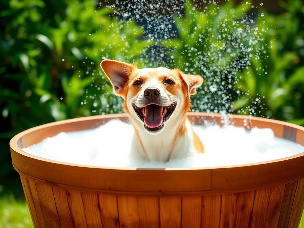 Happy dog enjoying a bubbly bath in a wooden tub in the yard