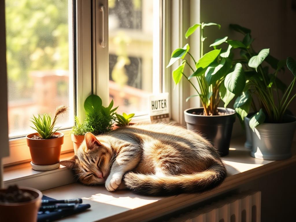 A cat napping on a sunny windowsill at home