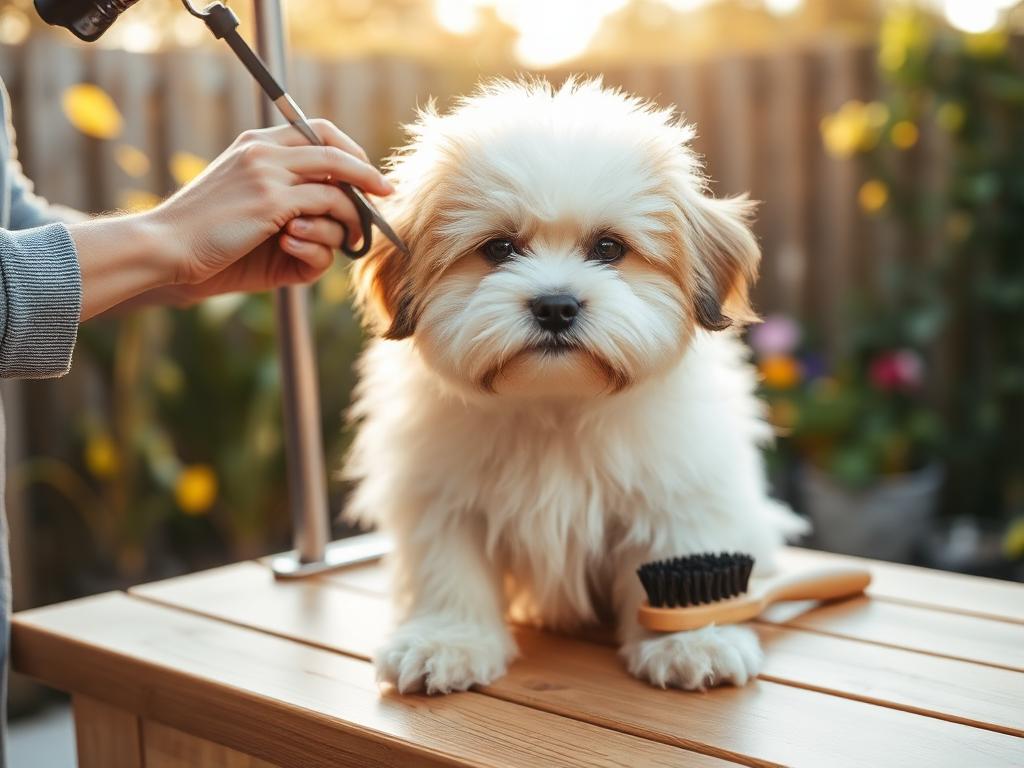 A fluffy puppy being gently groomed outdoors