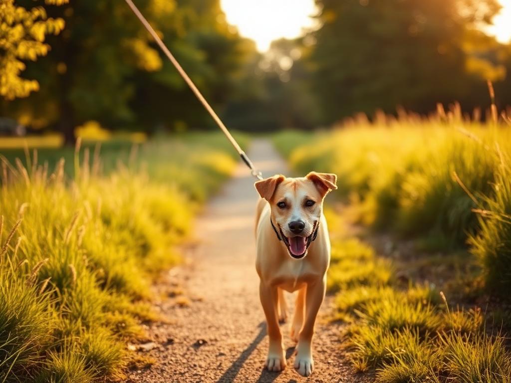 A dog being walked on a sunlit grassy path